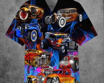 Hot Rod Hawaiihemd, Retro Muskelauto Print, Sommerferien