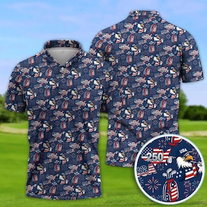 May include: Navy blue polo shirt with a repeating pattern of American flags, eagles, golf clubs, and the number "250". The shirt features a collared neckline and short sleeves. A circular graphic shows the same design elements. The shirt is designed for golf.