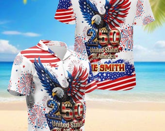 Personalized America 250 Hawaiian Shirt, Custom Name Patriotic Eagle Aloha Shirt, 1776 2026 USA Button Down, Unisex Summer Beach Shirt
