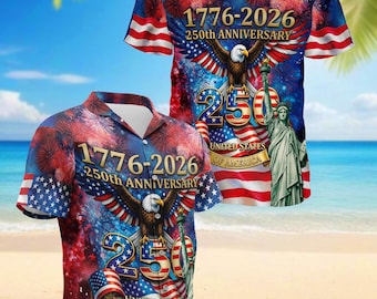 America 250th Anniversary Hawaiian Shirt, 1776 2026 Patriotic Eagle Aloha Shirt, USA Freedom Button Down, Unisex Summer Beach Shirt S-5XL