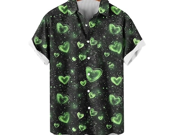 Glow-in-the-Dark Green Hearts Hawaiian Shirt – Unique Valentine’s Day Beachwear