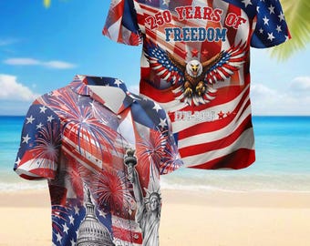 America 250th Anniversary Hawaiian Shirt, Patriotic Eagle Freedom Aloha Shirt, USA Flag Button Down, Unisex Summer Beach Shirt S-5XL