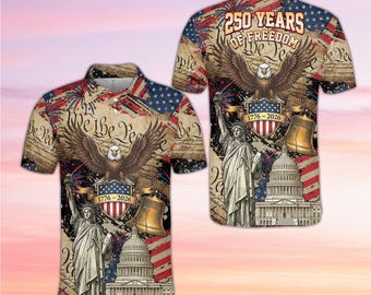 USA 250 Years Polo Shirt Vintage Patriotic Eagle Shirt, 1776-2026 Freedom Polo, USA Flag Liberty Bell Shirt, 4th of July Shirt, USA Gift