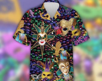Camisa hawaiana veneciana de Mardi Gras, camisa aloha de carnaval con máscara de mascarada, camisa de fiesta con cuentas de lujo, camisa unisex de Mardi Gras (tallas S-5XL)