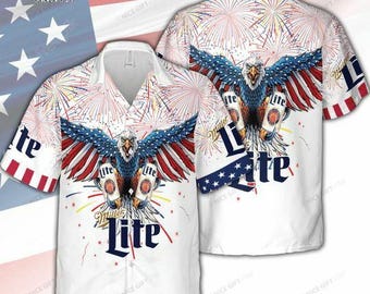 Miller Lite Eagle Hawaiian Shirt, Patriotic 4th of July Aloha Party Top