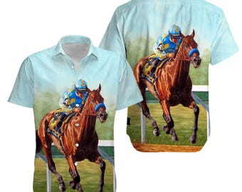 Horse Racing Hawaiian Shirt, Jockey & Thoroughbred Art Aloha Shirt