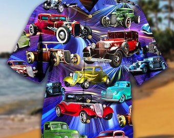 Vintage Hot Rod Hawaiian Shirt, Classic Car Print, Retro Beach Shirt