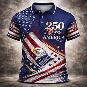 May include: A navy blue polo shirt featuring a distressed American flag design with an eagle graphic. The shirt displays the text "250 Years of America" in gold lettering, with the years 1776-2026.