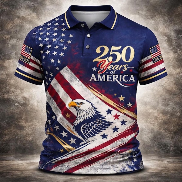 USA 250 Years Polo Shirt, Patriotic Eagle American Flag Shirt, Vintage Independence Day Polo, 1776-2026 Anniversary, 4th of July Outfit
