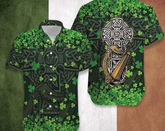 Celtic Cross Hawaiian Shirt Men, Irish Shamrock Aloha Shirt, St Patrick’s Day Harp Shirt