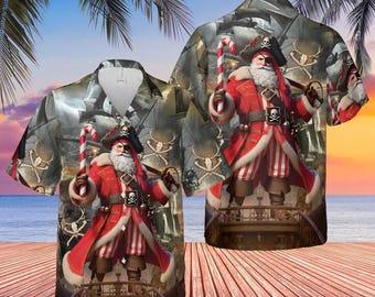 Funny Pirate Santa Hawaiian Shirt, Holiday Vacation Christmas Gift