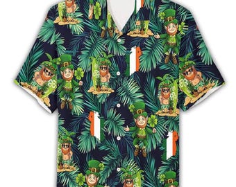 Leprechaun Hawaiian Shirt Men, St Patrick’s Day Irish Surf Aloha Shirt, Shamrock Tropical Button Down
