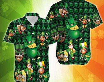 Leprechaun Hawaiian Shirt for Men, St Patrick’s Day Irish Shirt, Funny Shamrock Aloha Shirt, Lucky Irish Button Down
