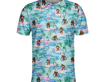 Bigfoot Surfing Polo Shirt, Funny Tropical Beach Polo, Sasquatch Vacation Shirt, Men Women Summer Performance Polo