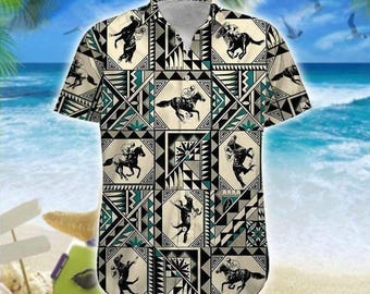 Horse Racing Hawaiian Shirt, Native Tribal Art Aloha Shirt