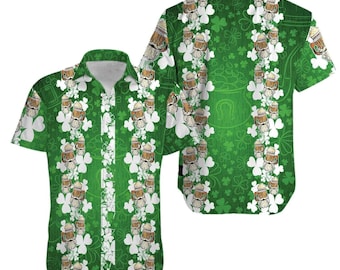 St Patrick’s Day Hawaiian Shirt Men, Leprechaun Beer Shirt, Irish Shamrock Button Down, Lucky Irish Party Shirt