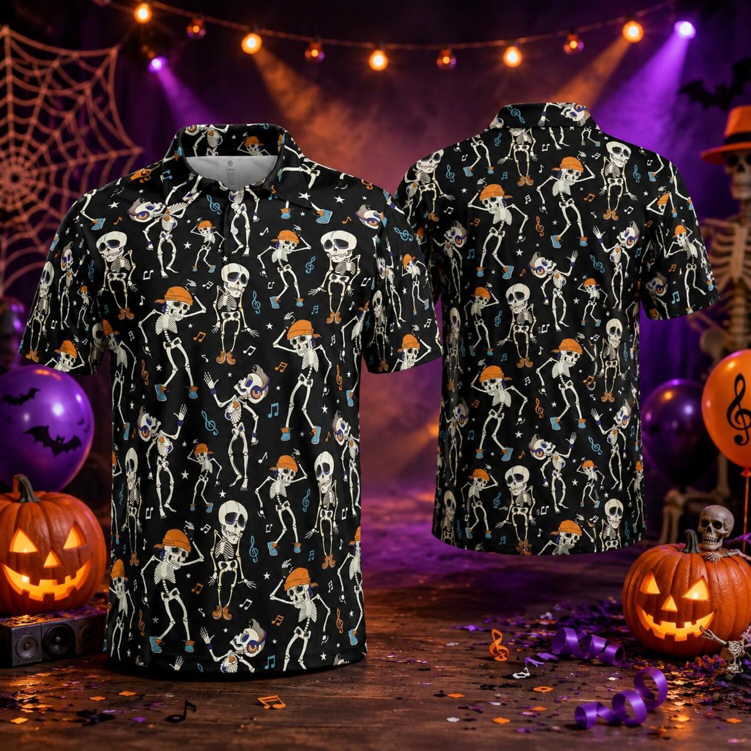 Halloween Skeleton Music Polo Shirt for Men, Dancing Skeleton Shirt, Spooky Music Golf Polo, Funny Halloween Shirt, Gift for Music Lover