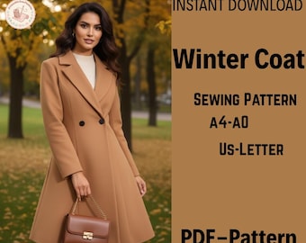 May include: A woman wearing a tan winter coat with a double-breasted design, holding a brown purse. The image includes text that reads "Winter Coat Sewing Pattern A4-A0 US-LETTER PDF-Pattern."