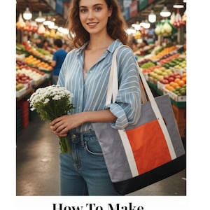 Może przedstawiać: Kobieta w niebieskiej koszuli w paski i dżinsach trzyma bukiet białych kwiatów i szarą torbę typu tote z pomarańczową kieszenią i czarnym dnem. Torba typu tote ma białe paski. Tekst na zdjęciu brzmi: "How To Make BOTTOM-UP STRAP TOTE."