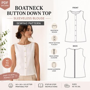 Blusa sem mangas com decote canoa e botões frontais - Molde digital em PDF para costura, tamanhos do XS ao 2XL.