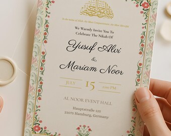May include: An invitation card with floral border and text, held with an envelope sealed with wax. The card reads "We Warmly Invite You To Celebrate The Nikah Of Yusuf Alvi & Mariam Noor" with the date July 15th and event details.