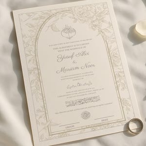 Peut inclure: Invitation de mariage ivoire avec bordure florale et texte. Les noms "Yusuf Alvi & Mariam Noor" sont présents. Une alliance dorée et des pétales de fleurs blanches sont également présents.