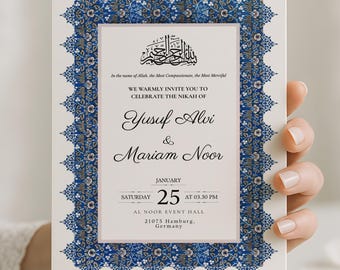 Invitación de boda islámica con marco ornamental azul, invitación musulmana Nikah Nama, plantilla editable de Canva para pareja, Walimah, matrimonio Nikkah.