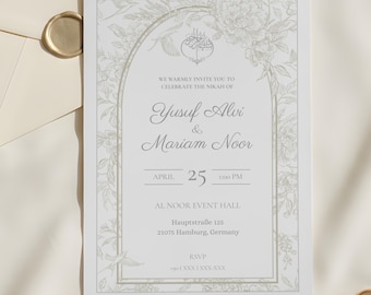 White Wedding Invitation Template, Islamic Muslim Nikkah Invite, Minimal White Floral Line Art Arch, 5×7 Editable Canva, Printable PDF