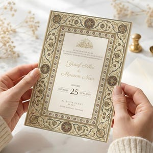May include: An ornate wedding invitation with gold and cream tones is held by a person. The invitation features intricate floral and geometric designs, with the names "Yusif Ali" and "Mariam Noor" and the date January 25th.