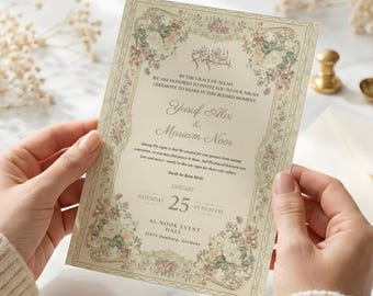 Weiche Creme Islamische Hochzeitseinladung, Muslim Nikah Nama Invite Karte, Canva Bearbeitbare Druckbare Datei, Aquarell Ehe Nikkah Vorlage 5x7