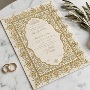 Arquivo de Certificado Nikkah Floral Dourado de Luxo, Nikah Nama Ornamentado, Contrato de Casamento Islâmico, Acordo de Casamento Muçulmano Personalizado Imprimível A3, A4