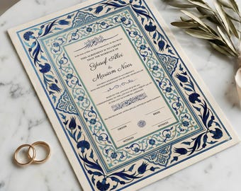 Certificado Nikkah minimalista con flores azules, nombre moderno, contrato de matrimonio islámico, acuerdo de boda musulmán imprimible, tamaño A3/A4