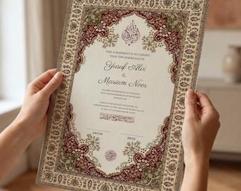 Red & Gold Rug Inspired Nikkah Certificate, Personalized Editable Nikah Nama, Muslim Wedding Contract Sign, A3 A4 Printable Agreement