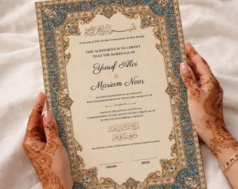 Certificat de Nikkah motif floral persan, Nikah Nama modifiable personnalisé, signe de contrat de mariage musulman, modèle de fichier PDF imprimable A3 A4