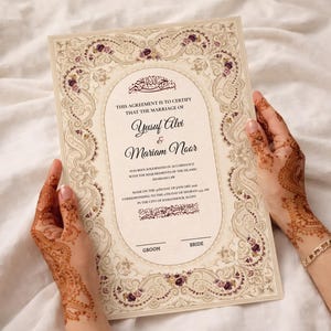 May include: A cream-coloured marriage certificate with ornate floral and paisley border details, featuring the names "Yusuf Alvi" and "Mariam Noor." The document includes text in English and Arabic script, with the words "Groom" and "Bride" at the bottom.