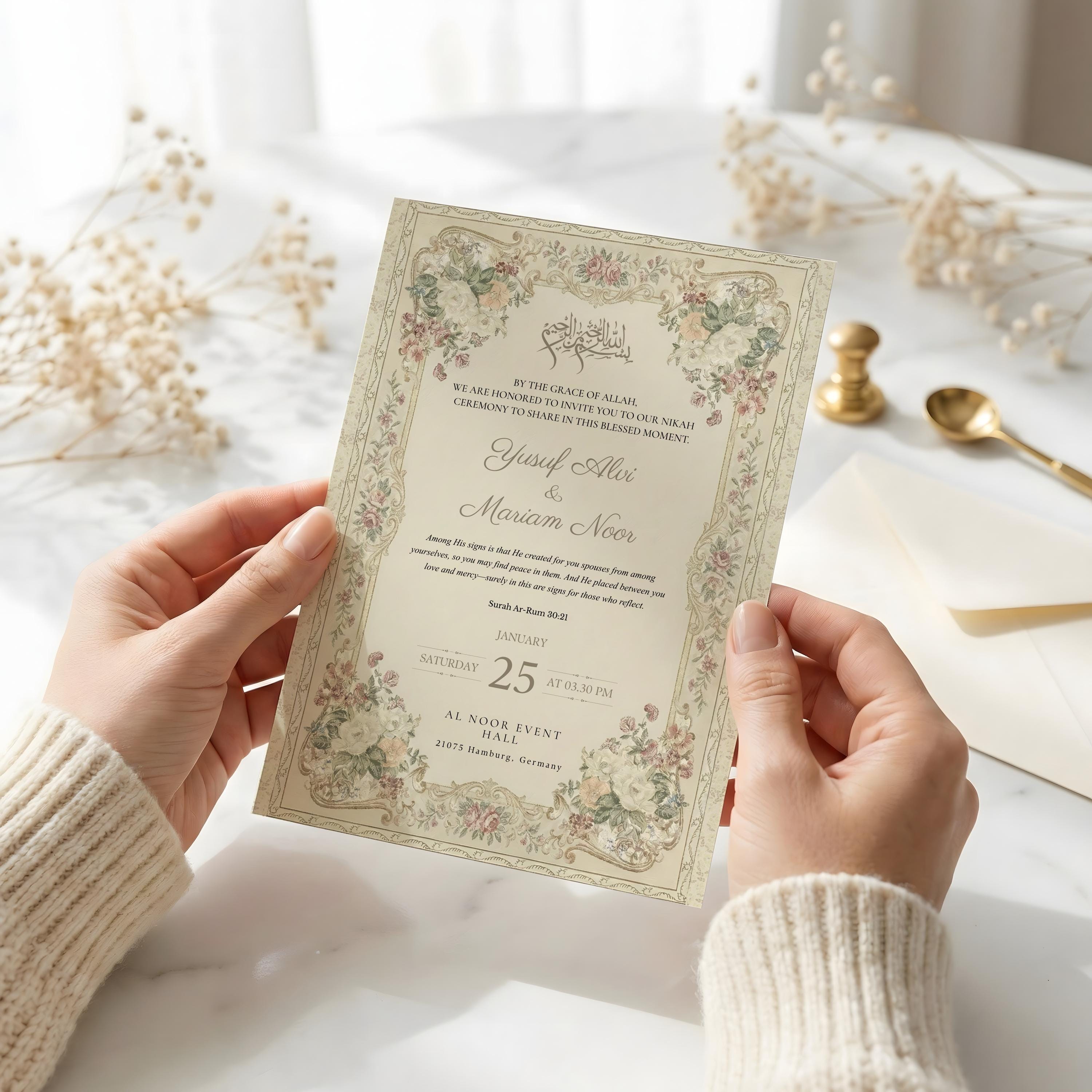Soft Cream Islamic Wedding Invitation, Muslim Nikah Nama Invite