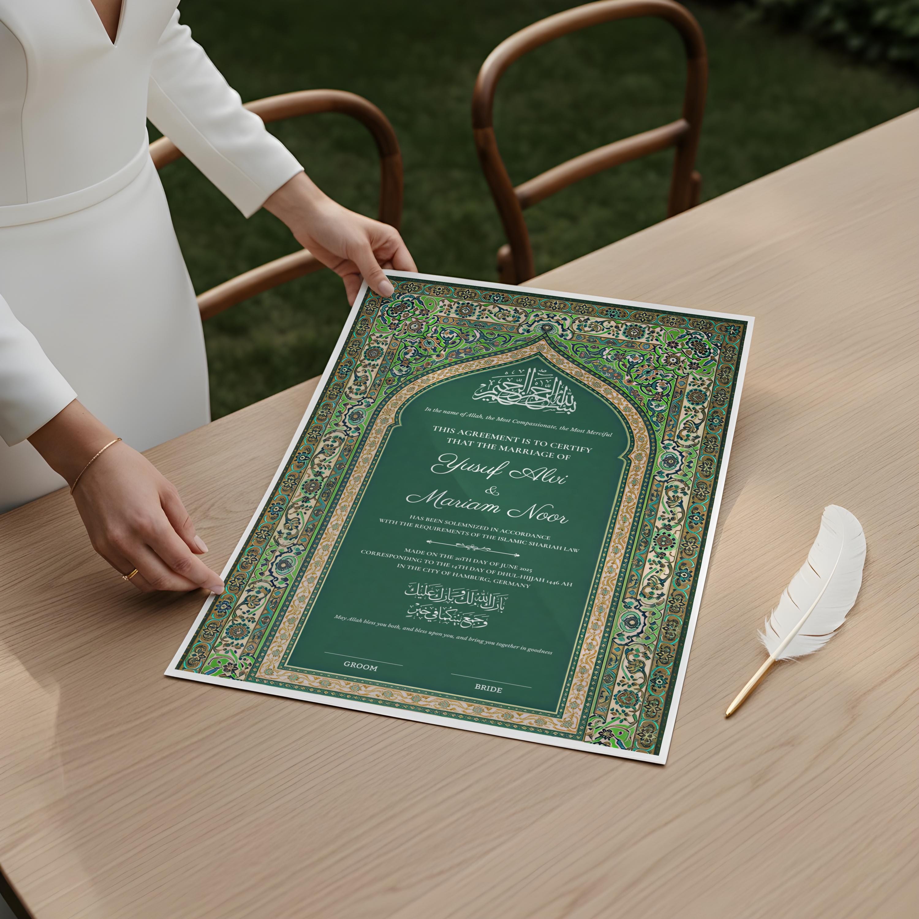 Emerald Green Nikkah Certificate, Personalized Editable Nikah Nama Form ...