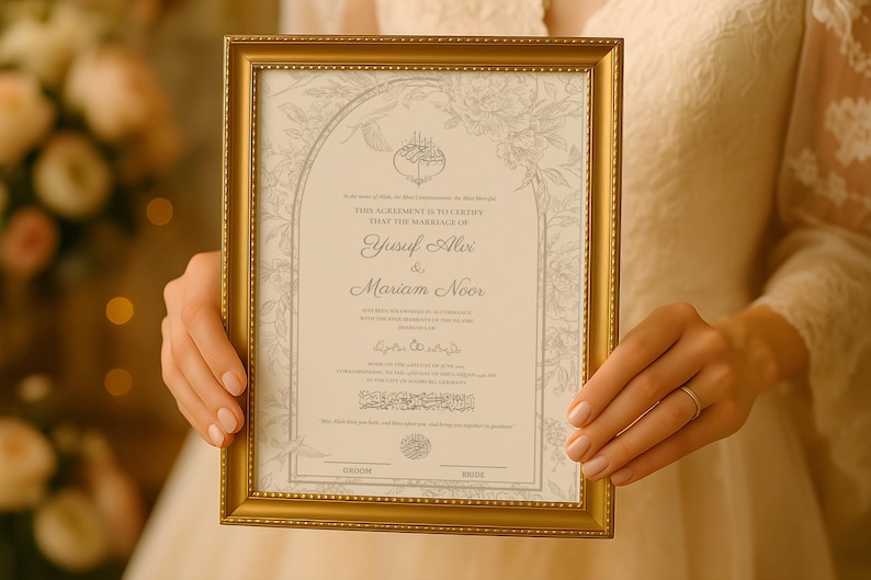 May include: A framed marriage certificate with gold trim is held up. The certificate has a cream background with floral accents and text in English and Arabic. The names "Yusuf Alex" and "Mariam Noor" are visible.
