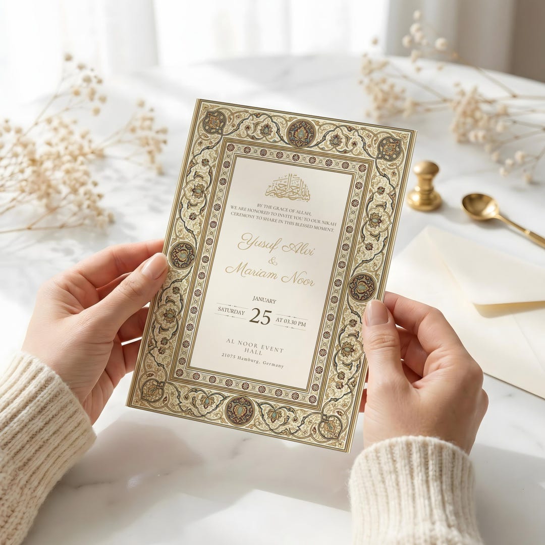 Ruby Ball Invite Gold & Ruby Accents Wedding Invitation, Ottoman Tezhip Art Frame Invite ...