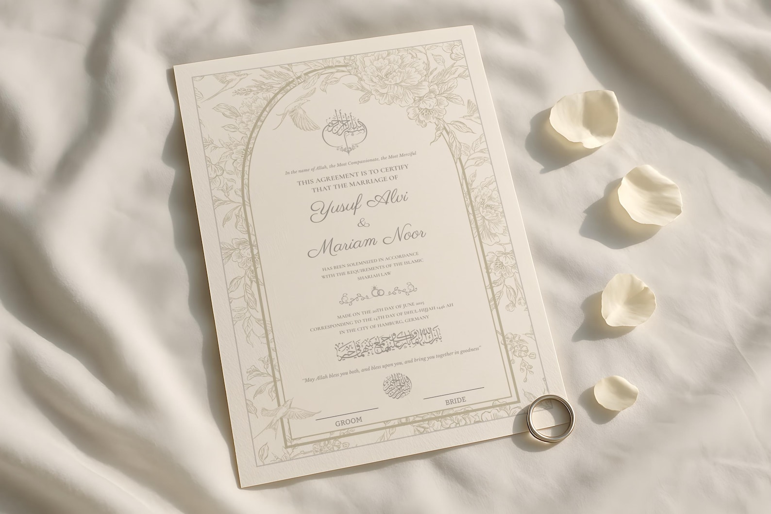 White Floral Islamic Nikkah Certificate Personalized Names Digital ...