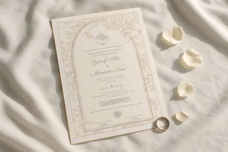May include: Ivory wedding invitation with floral border and text. The names "Yusuf Alvi & Mariam Noor" are featured. Gold wedding ring and white flower petals are also present.