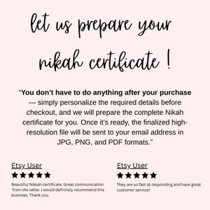 May include: A light pink background with black script that reads "let us prepare your nikah certificate!". Below, text explains the process and file formats. Customer reviews with star ratings are also included.