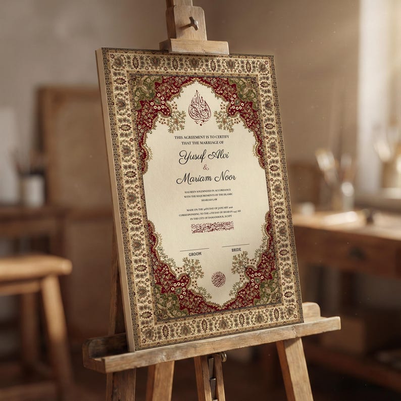 May include: A decorative marriage certificate displayed on a wooden easel. The certificate features a cream-colored background with a detailed red and gold floral design. The names "Yusuf Alvi" and "Mariam Noor" are written in elegant script.