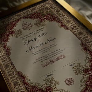 May include: A framed marriage certificate with an elaborate border design. The document, in English, certifies the marriage of Yusuf Alvi and Mariam Noor, with details of the date and location in Egypt. The frame is gold.