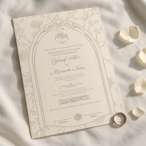 May include: A cream-coloured wedding invitation with floral detailing, the names Yusuf Alvi & Mariam Noor, and a gold wedding ring. White flower petals are scattered around the invitation.