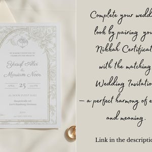 May include: A wedding invitation with floral design and the names Yusuf Alvi & Mariam Noor. The invitation includes the date April 25 and the event hall address in Hamburg, Germany. Text on the right side encourages pairing with a Nikkah Certificate.