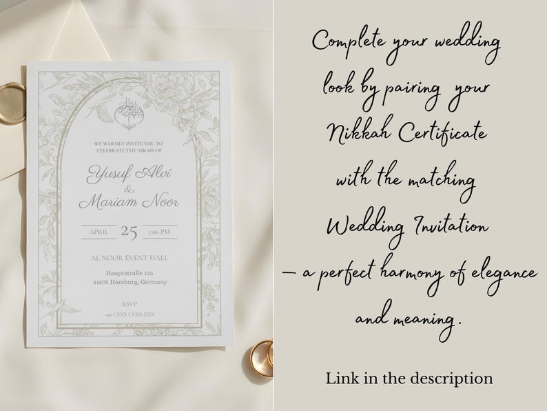 May include: A wedding invitation with floral design and the names Yusuf Alvi & Mariam Noor. The invitation includes the date April 25 and the event hall address in Hamburg, Germany. Text on the right side encourages pairing with a Nikkah Certificate.