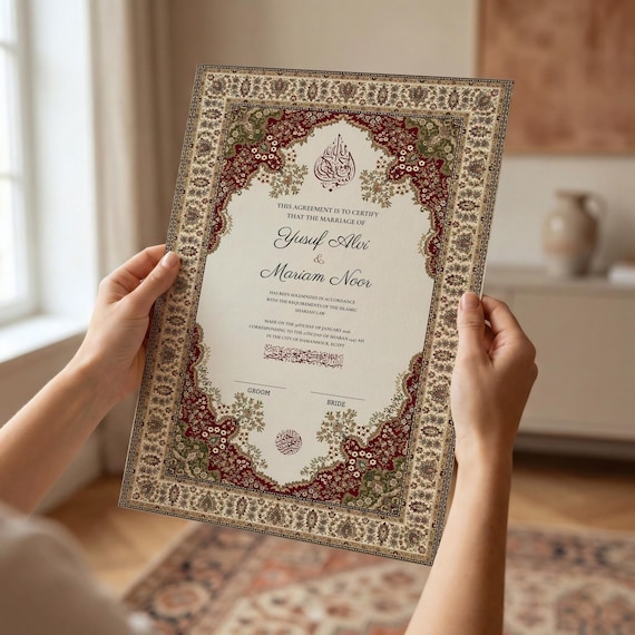 Red & Gold Rug Inspired Nikkah Certificate, Personalized Editable Nikah Nama, Muslim Wedding Contract Sign, A3 A4 Printable Agreement
