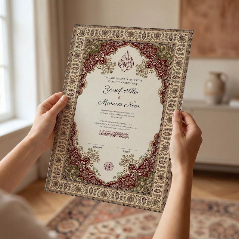 May include: An ornate marriage certificate with a decorative border in red, green, and beige. The certificate features the names "Yusuf Alvi & Mariam Noor" in elegant script, with Arabic calligraphy and text. The document is held by a person.