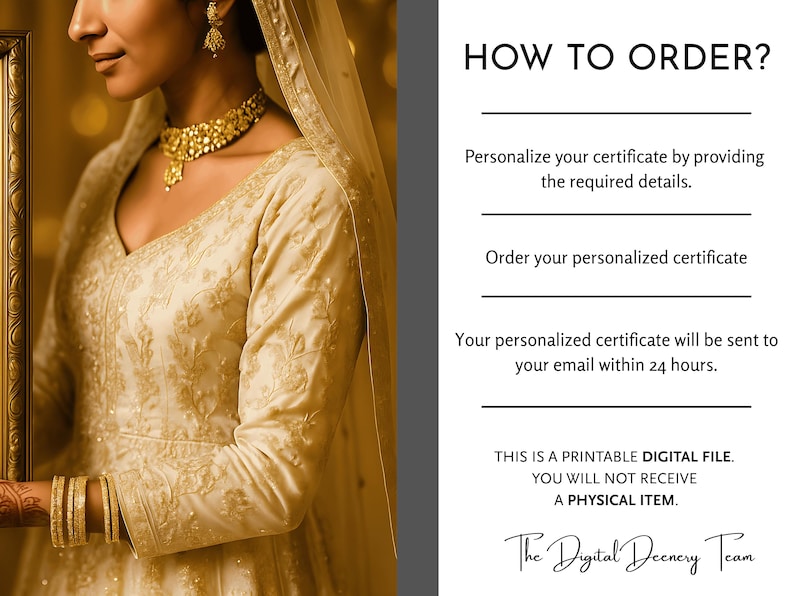 May include: A woman wearing a cream-colored, embroidered dress and gold jewelry, including a necklace and earrings. The image includes text that reads "HOW TO ORDER?" and details about a printable digital file.